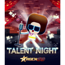 a cartoon character singing into a microphone with the words talent night above him