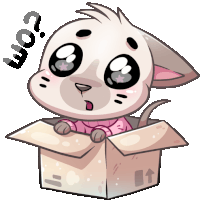 a cartoon cat is sitting in a cardboard box and says " com " above it