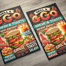 a flyer for grill & go shows a sandwich and a drink