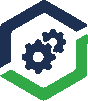 a blue and green icon of gears in a hexagon .