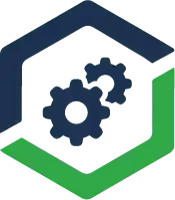 a blue and green icon of gears in a hexagon .