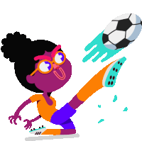 a cartoon of a girl kicking a soccer ball with her foot