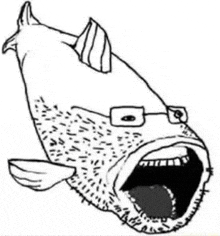 a black and white drawing of a fish with glasses and a mouth open .