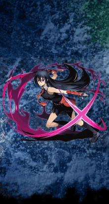 a girl with long black hair is holding a sword in her hand