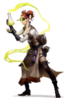 a woman in a steampunk outfit is holding a beaker of yellow liquid