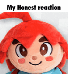 a stuffed animal with red hair and the words my honest reaction written above it