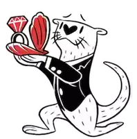 a cartoon otter in a tuxedo is holding a diamond ring and a clam shell .