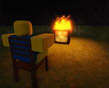 a roblox character sits in a chair in front of a television that is on fire