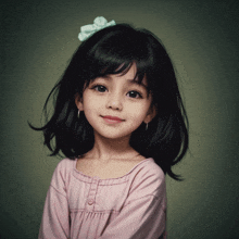 a little girl in a pink shirt with a bow in her hair