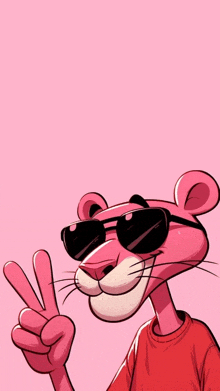 the pink panther is wearing sunglasses and giving a peace sign