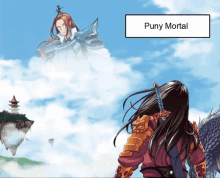 a cartoon of a man standing in front of a cloud with puny mortal written on it