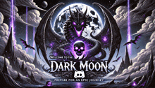 an advertisement for the dark moon with a dragon and bats