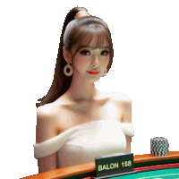 a woman in a white dress sitting at a table with a sign that says balon 168