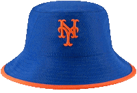 a blue bucket hat with an orange ny mets logo on it