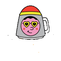 a cartoon drawing of a mug with a face and heart shaped eyes