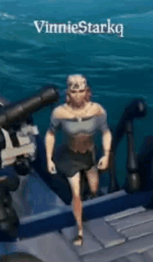 a video game character named vinniestarkq is walking on a boat