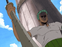 a man with green hair is holding a large sword in his right hand