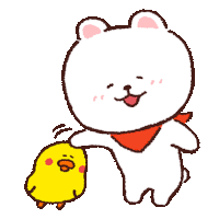 a white bear with a red scarf around its neck is holding a yellow chicken