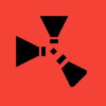 a pixel art illustration of a nuclear symbol on a red background