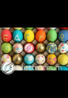 a bunch of colorful easter eggs in an egg carton with the word electroneum on the bottom