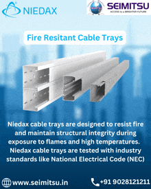 an advertisement for niedax fire resistant cable trays with a blue background