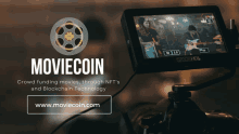 an advertisement for moviecoin shows a camera and a screen