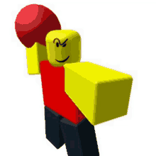 a yellow and red roblox character is holding a red boxing glove over his head