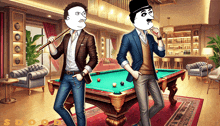 two men standing next to a pool table in a room with the letters sdo on the bottom