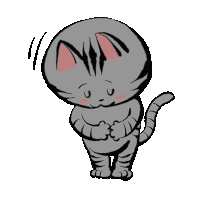 a cartoon drawing of a gray cat with a sad look on its face