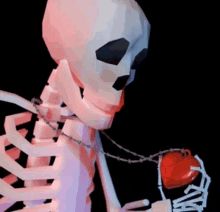 a skeleton with barbed wire around its neck holds a red heart