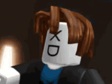 a close up of a roblox character with a xd on his head .