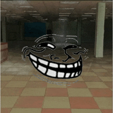 a drawing of a troll face with a big smile in an empty room