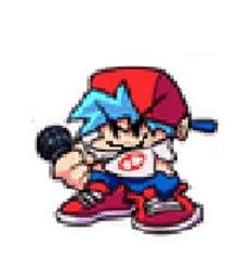 a pixel art of a boy holding a microphone and wearing a hat .