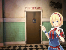 a girl points at a door that says psych ward