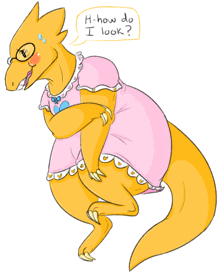 a drawing of a lizard wearing a pink dress with the words " h-how do i look "