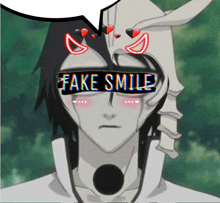 a cartoon character has fake smile written on his eyes