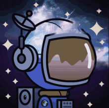 a cartoon illustration of an astronaut with headphones and a satellite dish