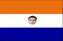 an orange white and blue flag with a woman 's face in the middle