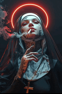 a nun is smoking a cigarette under a red halo