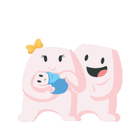 two pink cartoon characters holding a baby with a yellow bow