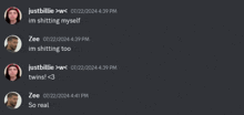 a screenshot of a discord conversation between justbillie and zee