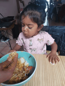 a little girl wearing a pink shirt with cats on it is eating from a bowl