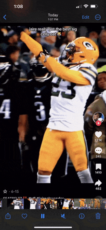 a screenshot of a green bay packers football player celebrating