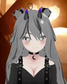 a 3d anime girl with long gray hair and a choker is wearing a black top .