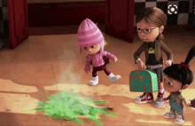 a girl in a pink hat is standing next to a girl in glasses holding a green suitcase