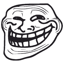 a black and white troll face with a big smile