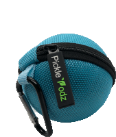 a blue pickle podz bag with a black carabiner attached