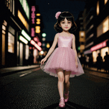 a little girl in a pink dress walking down a street