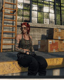 a woman with red hair and horns sits in front of a stack of cardboard boxes with one that says utility on it