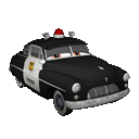 a black and white cartoon police car with a red light on top of it .